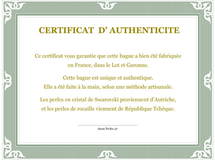 Certificat d'authenticité bague perles